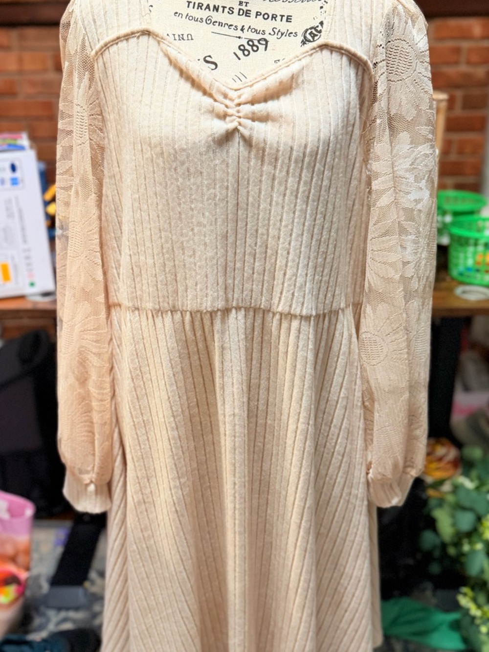 SHEIN Cream Lace-Sleeve Ribbed Midi Dress
